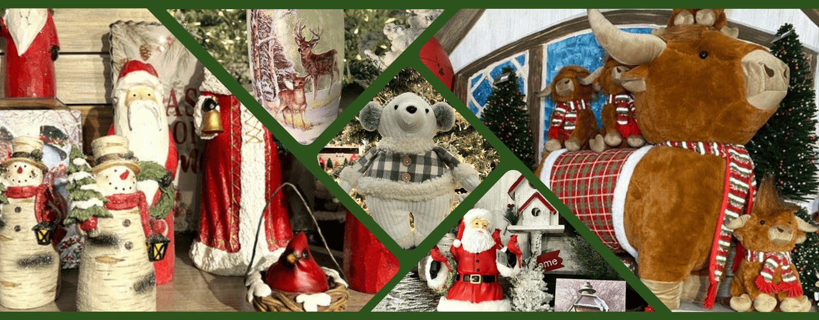 Collage of Christmas-themed items including Santa Claus, reindeer, and highland cows in the country christmas room .n christmas land 2025 at Dewayne's in Selma, NC