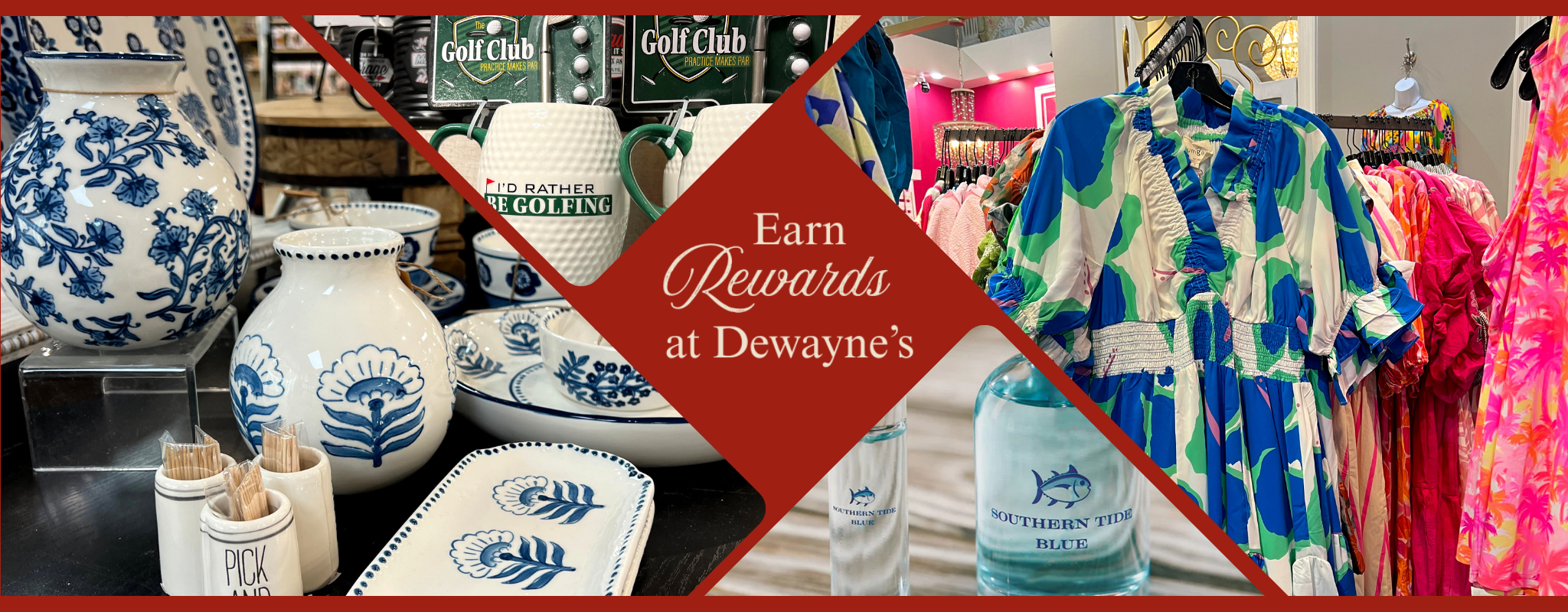 Promotional banner collage for Dewayne's rewards for decorative items and clothing.