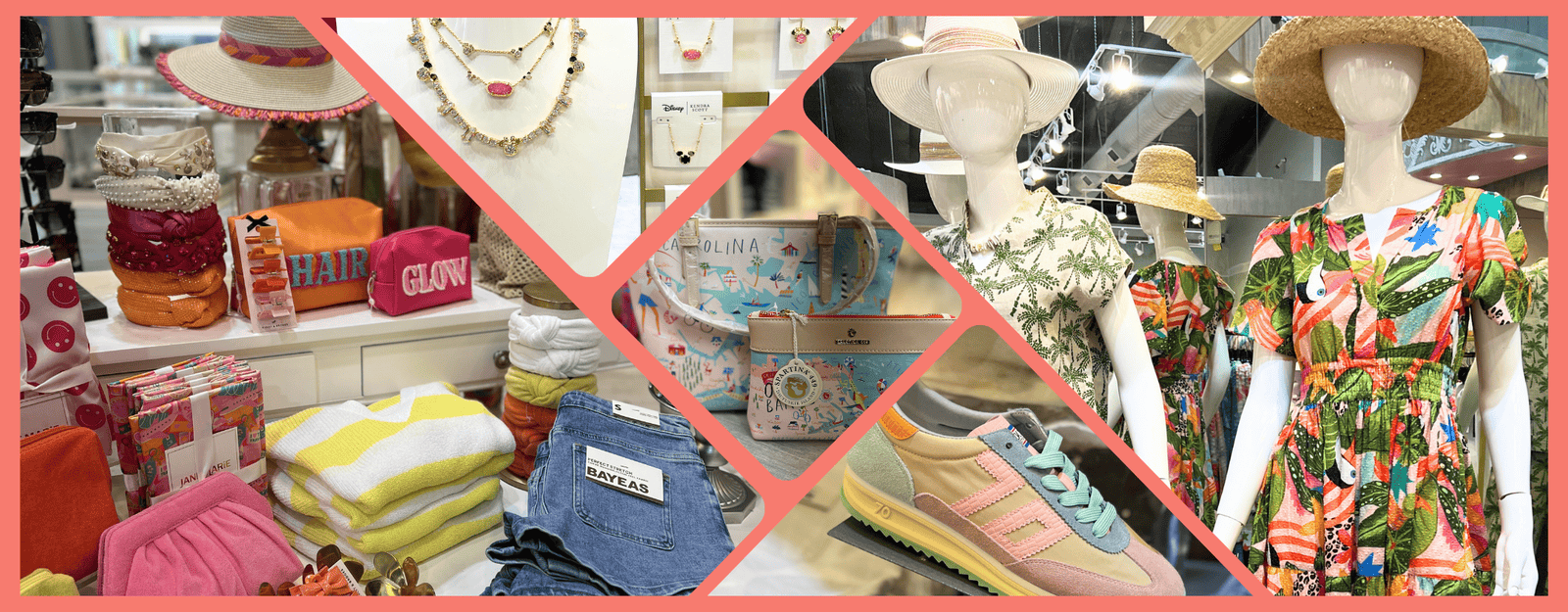 Collage of various clothing and accessories with a pink border in the boutique at dewayne's