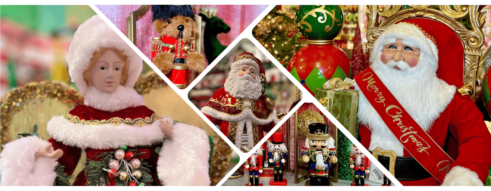 Collage of Christmas-themed items including a doll, Santa Claus figure, and decorative elements in the grand entrance room of christmas land 2025 at dewayne's