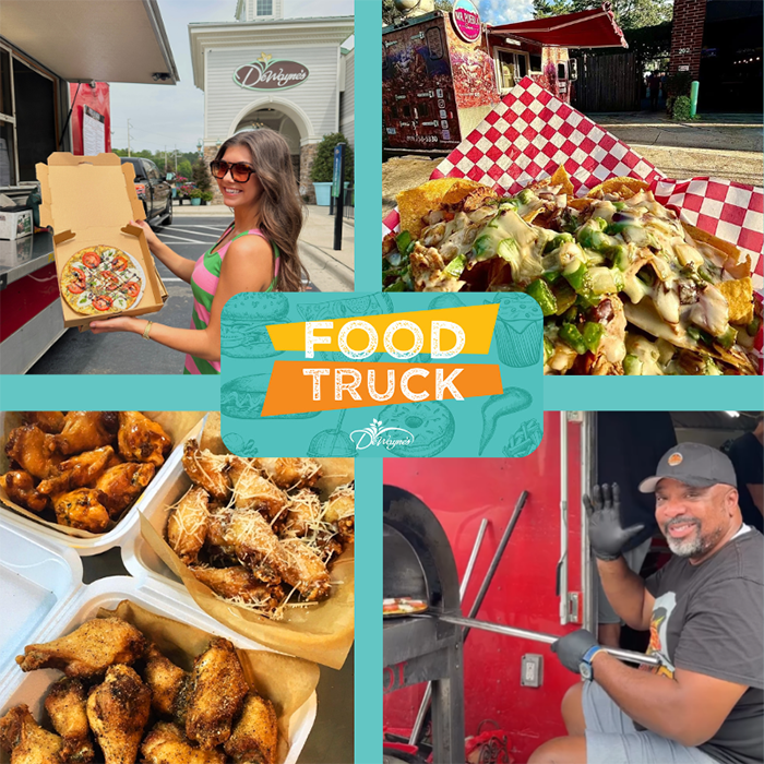 Collage of images featuring food from a food truck, including pizza, wings, and nachos at Dewayne's in Selma, NC