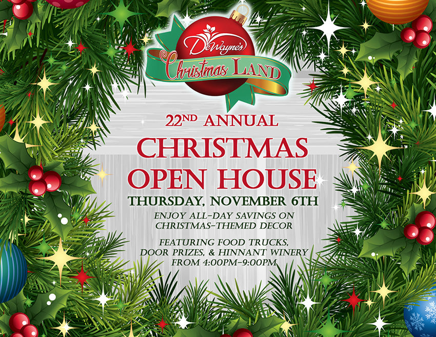 Advertisement for the 22nd Annual Christmas Open House with festive decorations at Dewayne's in Selma, NC