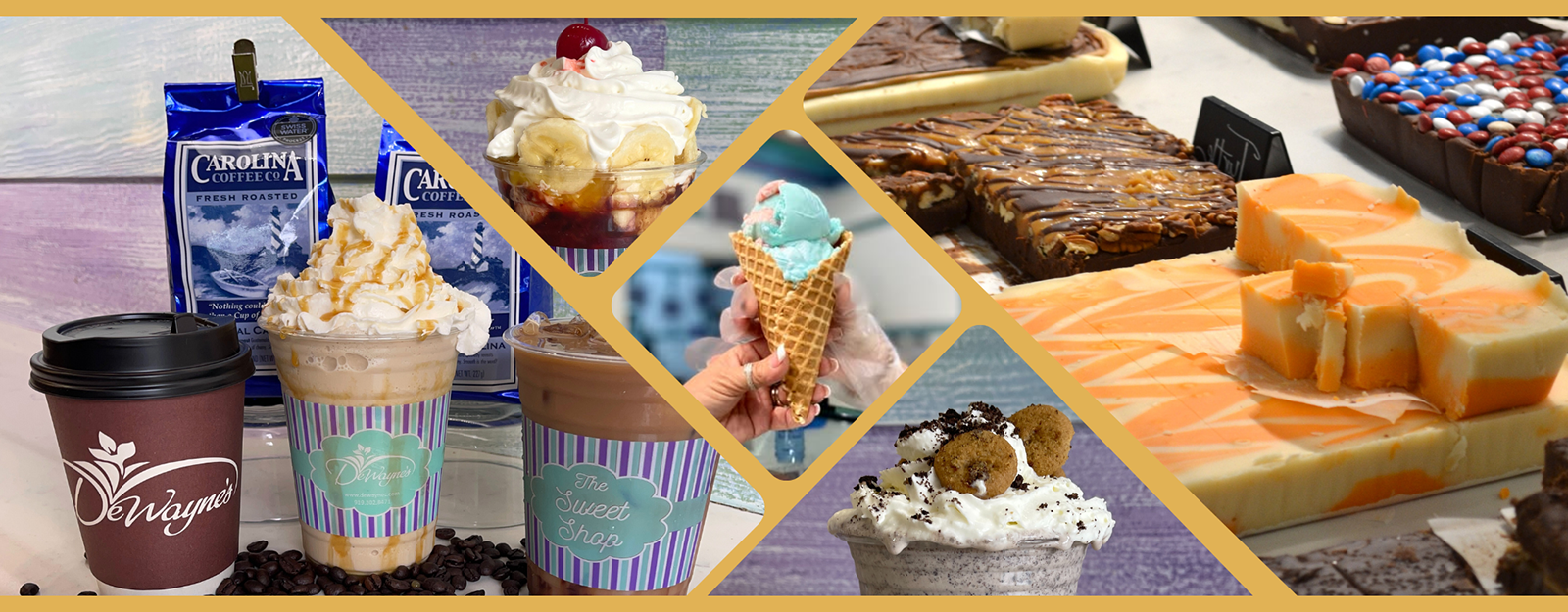 Collage of various ice cream, shakes, fudge and coffee drinks in the sweet shop at Dewayne's in Selma, NC