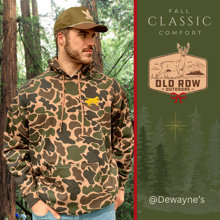 Man wearing an old row outdoors camouflage hoodie and cap at Dewayne's in Selma, NC minutes from Raleigh, Cary, Clayton, Garner, Smithfield, Goldsboro