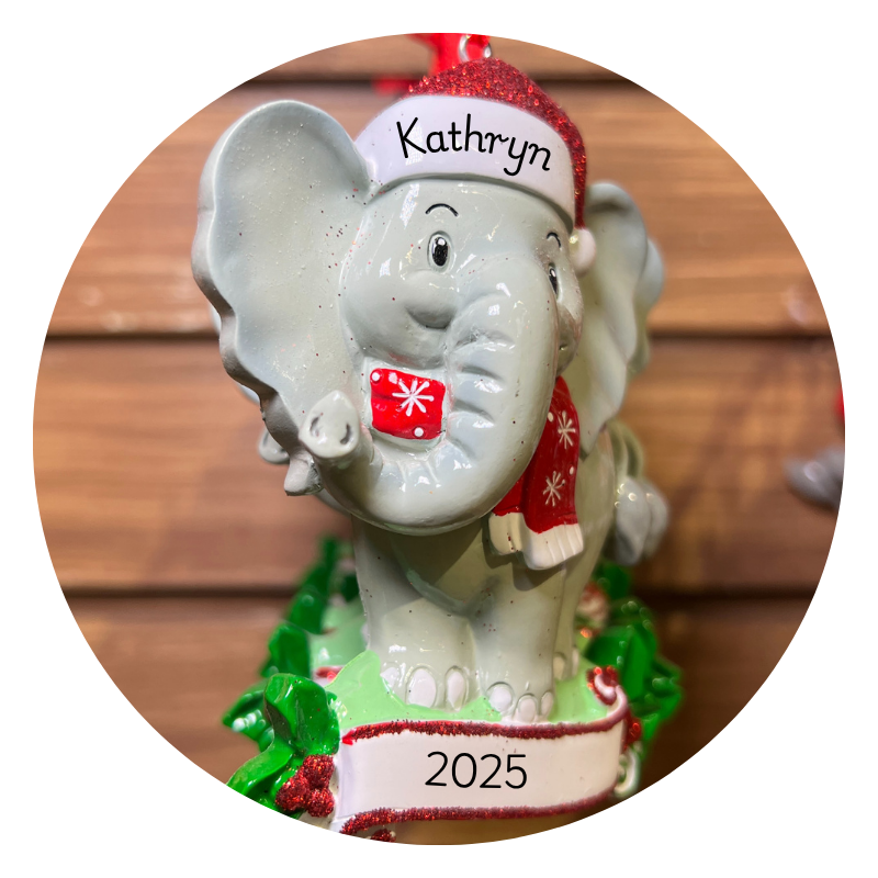 Decorative elephant ornament to personalize in christmas land 2025 at dewayne's