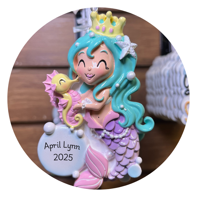 Colorful mermaid figurine ornament to personalize in christmas land 2025 at dewayne's