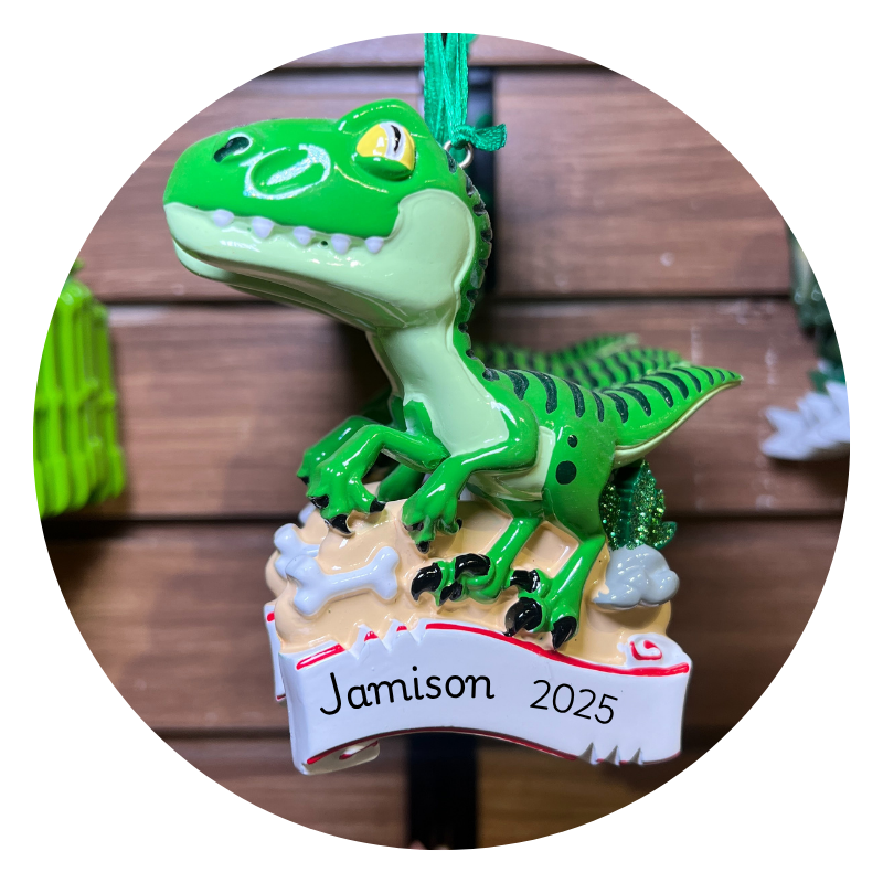 Green dinosaur ornament to personalize in christmas land 2025 at dewayne's
