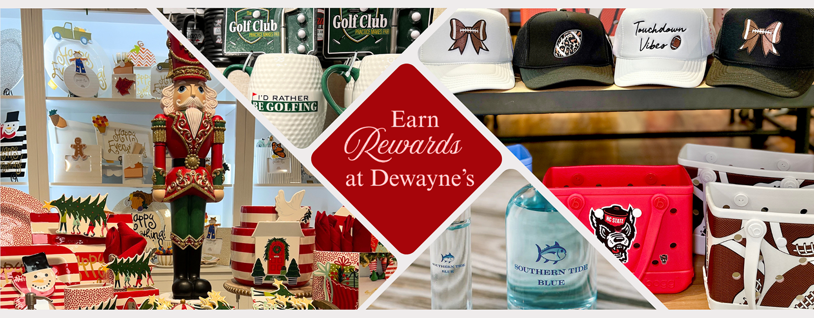 Promotional banner with various products and a red diamond-shaped text box for rewards at Dewayne's in Selma, NC minutes from Raleigh, Cary, Clayton, Garner, Smithfield, Goldsboro 