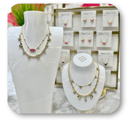Necklaces  with a display of earrings in the boutique at Dewayne's in Selma, NC minutes from Raleigh, Cary, Clayton, Garner, Smithfield, Goldsboro
