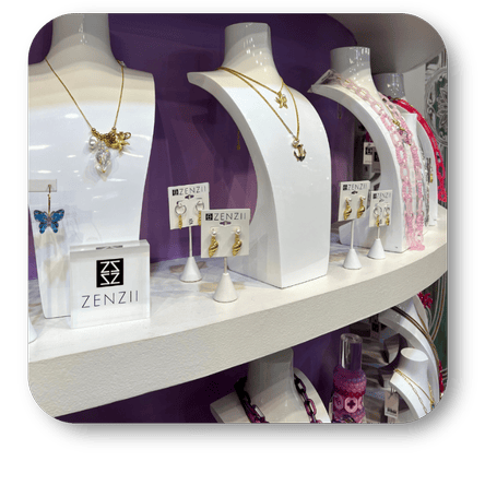 Display of jewelry  with ZENZII branding in the boutique at Dewayne's in Selma, NC minutes from Raleigh, Cary, Clayton, Garner, Smithfield, Goldsboro