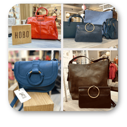 Collage of various Hobo handbags in the boutique at Dewayne's in Selma, NC minutes from Raleigh, Cary, Clayton, Garner, Smithfield, Goldsboro