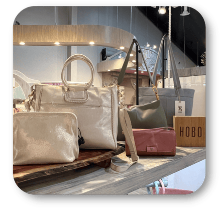 Collection of handbags on display with a 'Hobo' box in the background in the boutique at Dewayne's in Selma, NC minutes from Raleigh, Cary, Clayton, Garner, Smithfield, Goldsboro