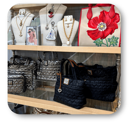 Display of handbags and jewelry in the boutique at Dewayne's in Selma, NC minutes from Raleigh, Cary, Clayton, Garner, Smithfield, Goldsboro