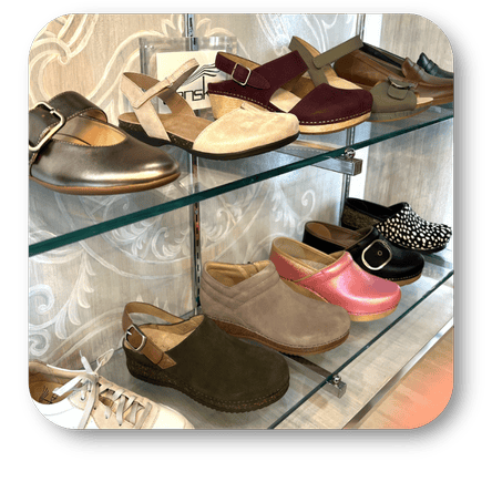 Display of comfortable women's shoes in the boutique at Dewayne's in Selma, NC minutes from Raleigh, Cary, Clayton, Garner, Smithfield, Goldsboro