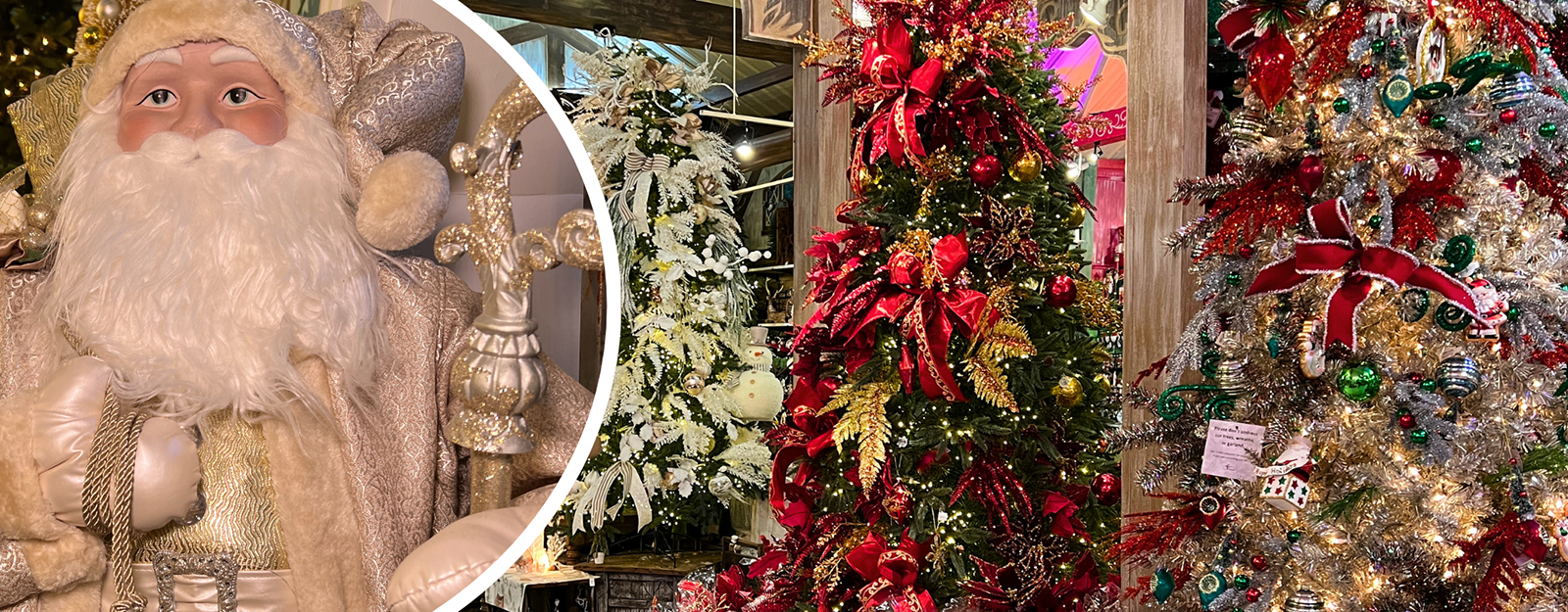 Collage of a decorated Christmas tree with red and gold ornaments, a Santa Claus figure in Christmas Land  at Dewayne's in Selma, NC minutes from Raleigh, Cary, Clayton, Garner, Smithfield, Goldsboro