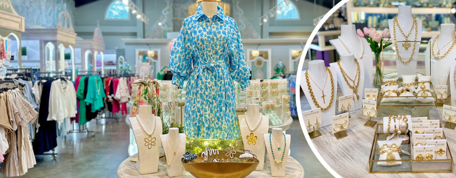 Display of women's clothing and jewelry in a store with a focus on a blue dress and necklaces in the boutique at Dewayne's in Selma, NC minutes from Raleigh, Cary, Clayton, Garner, Smithfield, Goldsboro