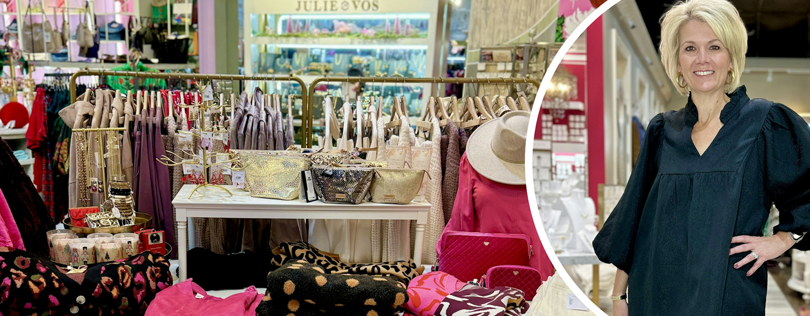 Model with display of Women's clothing and accessories in the boutique at Dewayne's in Selma, NC minutes from Raleigh, Cary, Clayton, Garner, Smithfield, Goldsboro