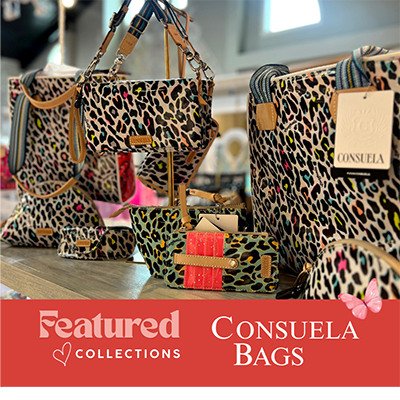 Consuela bags with leopard print pattern in the boutique at dewayne's