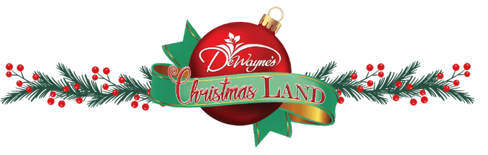 Decorative logo for 'Christmas Land' 2025 with a red ornament and greenery on a transparent background at Dewayne's