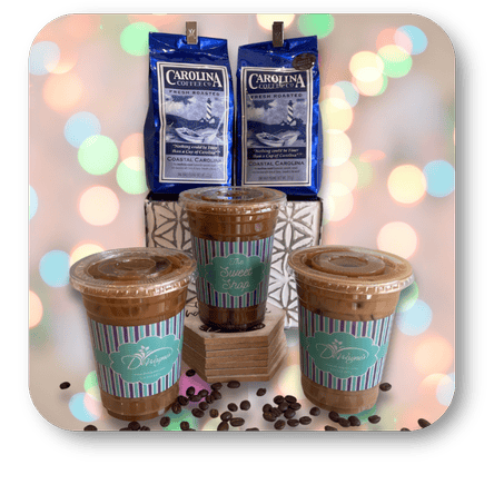 Carolina Coffee bags with iced coffee cups in the sweet shop at Dewayne's in Selma, NC minutes from Raleigh, Cary, Clayton, Garner, Smithfield, Goldsboro