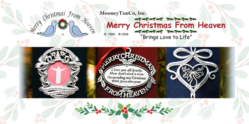memorial Christmas ornaments with 'Merry Christmas From Heaven' text and designs in the moments in thyme room in christmas land at Dewayne's in Selma, NC minutes from Raleigh, Cary, Clayton, Garner, Smithfield, Goldsboro