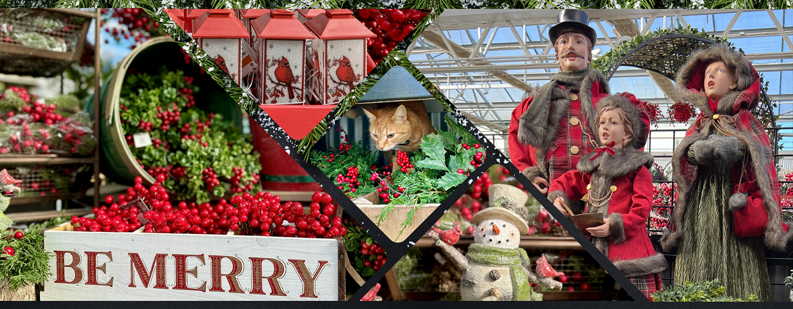 Collage of holiday-themed items in the Garden center at Dewayne's in Selma, NC minutes from Raleigh, Cary, Clayton, Garner, Smithfield, Goldsboro