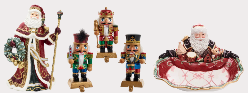 Collection of Christmas-themed figurines including Santa Claus and nutcrackers found in the grand entrance room of christmas land 2025 at Dewayne's
