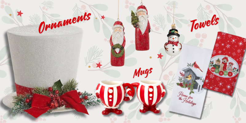 Collection of Christmas-themed products including ornaments, towels, and mugs found in the wrapped in red room in christmas land 2025 at dewayne's