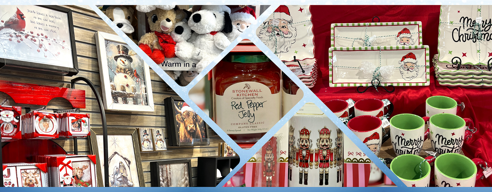Collage of Christmas-themed products including mugs, candy jars, and framed pictures in the gift shop at Dewayne's in Selma, NC minutes from Raleigh, Cary, Clayton, Garner, Smithfield, Goldsboro