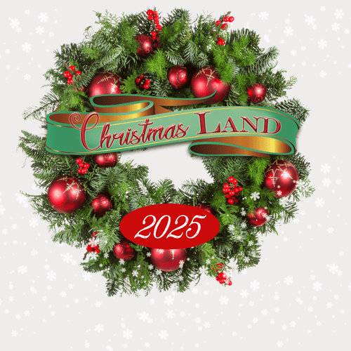 Christmas wreath with 'Christmas Land' and '2025' see eleven themed rooms