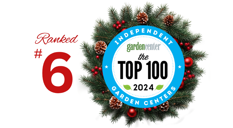 Wreath with 'Independent Garden Center Top 100 2024' badge and '#6'  at Dewayne's in Selma, NC minutes from Raleigh, Cary, Clayton, Garner, Smithfield, Goldsboror