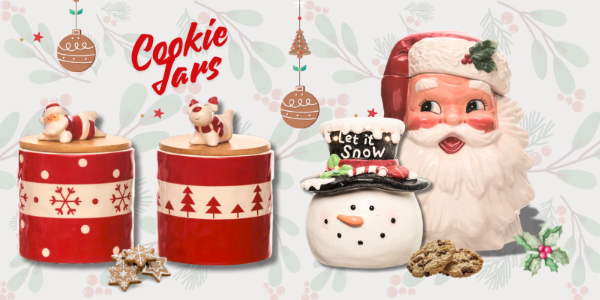 Christmas-themed cookie jars found in the wrapped in red room in christmas land at Dewayne's in Selma, NC minutes from Raleigh, Cary, Clayton, Garner, Smithfield, Goldsboro