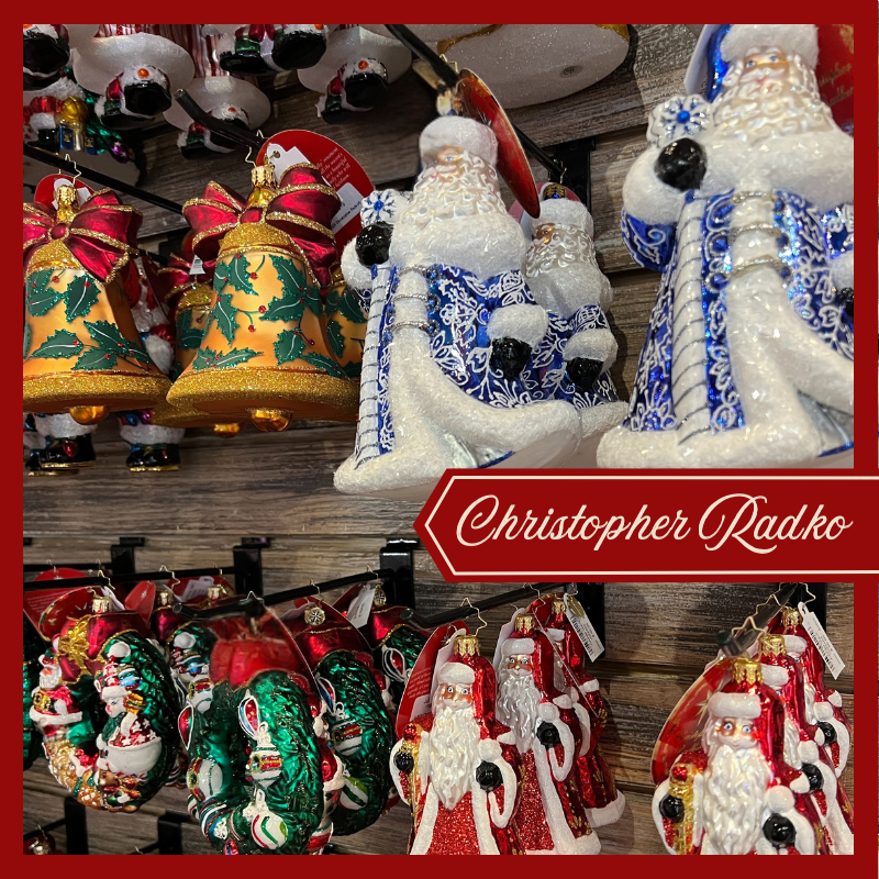 Collection of Christopher Radko Christmas ornaments in the Timeless treasures room in Christmas land 2025 at Dewayne's