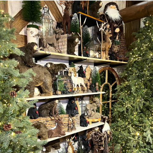 Country Christmas decorative figurines, bears, deer ,mouse and Christmas trees with lights.