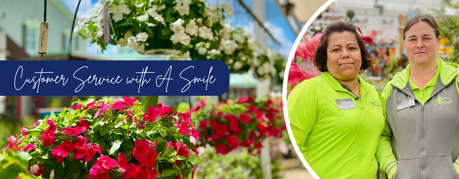 Customer Service reps in the greenhouse with flowers and plants at DeWayne's in Selma, NC minutes from Raleigh, Cary, Clayton, Garner, Smithfield, Goldsboro