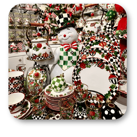 mackenzie-childs christmas collection dinnerware and serveware in the grand entrance room in christmas land 2025 at Dewayne's in Selma, NC minutes from Raleigh, Cary, Clayton, Garner, Smithfield, Goldsboro