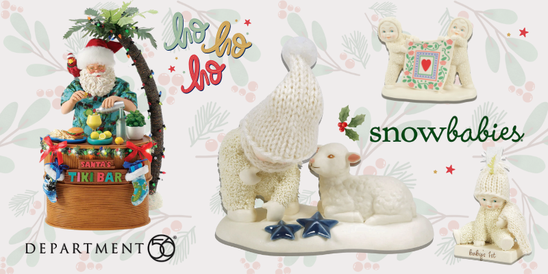 Decorative holiday figurines with 'snowbabies' theme and 'Department 56' branding.