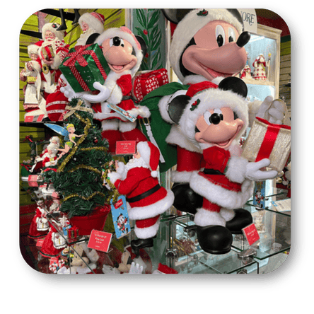 Mickey Mouse Christmas characters  in the timeless treasure room of christmas landat Dewayne's in Selma, NC minutes from Raleigh, Cary, Clayton, Garner, Smithfield, Goldsboro