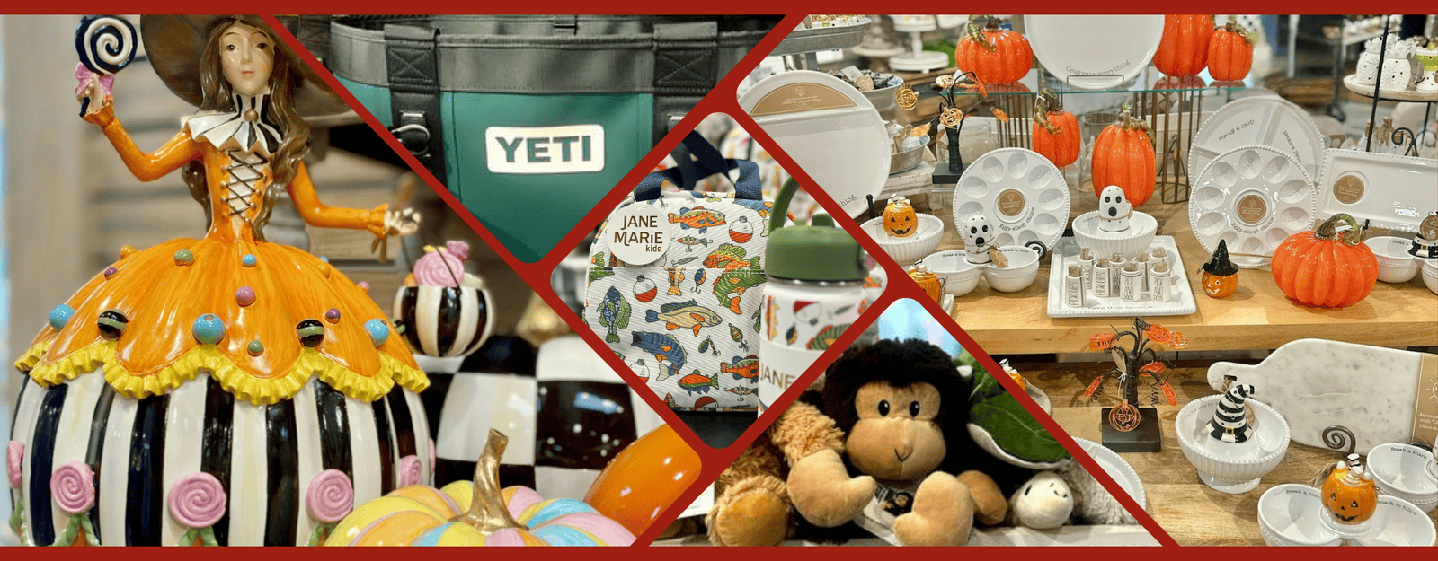 Collage of Halloween-themed products including serveware, plush toys, and decorative items with a YETI cooler in the gift center at dewayne's