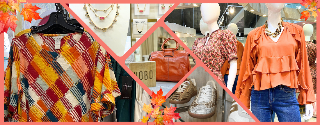 Boutique banner Collage of fall colored fashion items with jewelry, hobo purse and  BACK70 shoes at dewayne's in Selma, NC