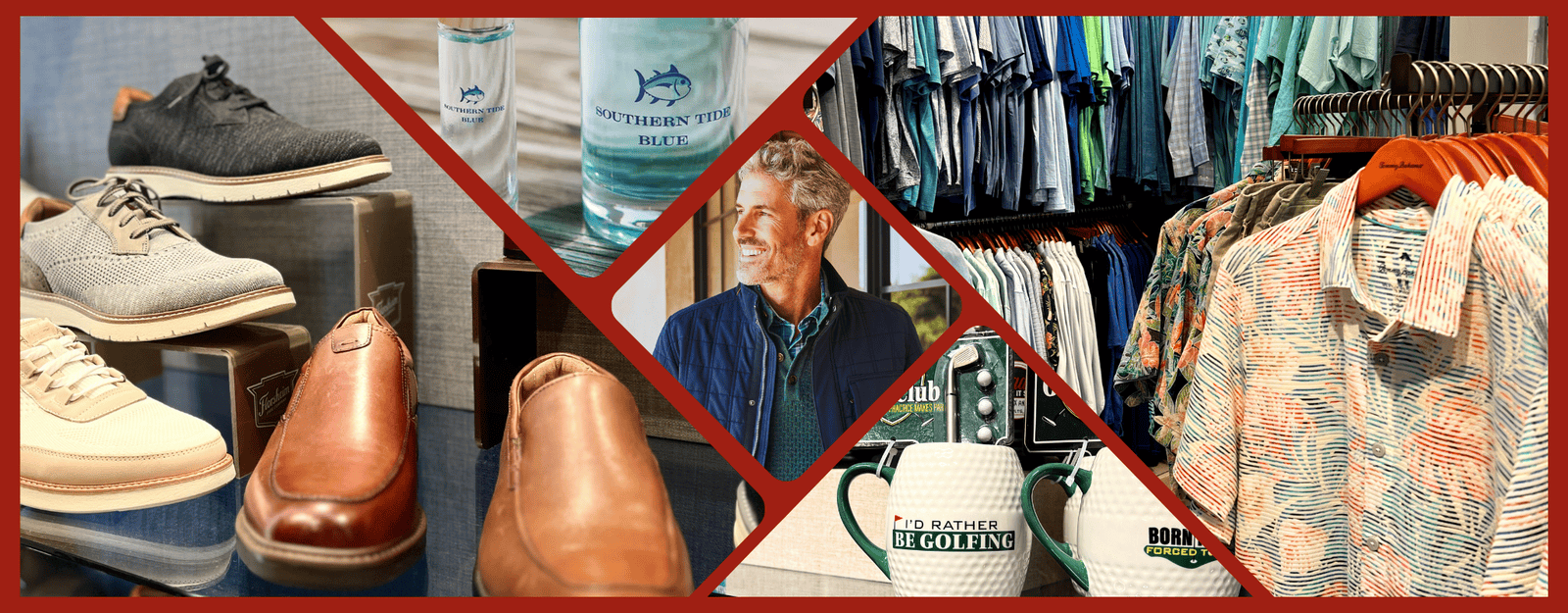 Collage of various products including shoes, cologne, golf mugs, and mens clothing in the men's shoppe at dewayne's