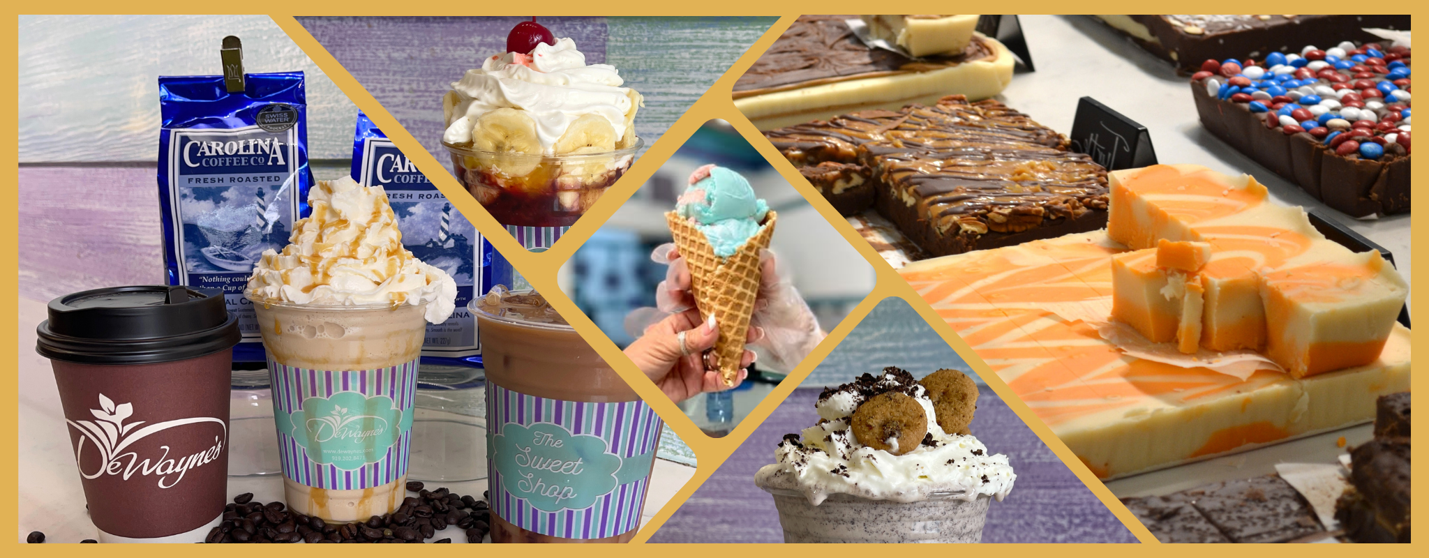 Sweet Shop banner collage of fudge, icecream, coffee and milkshakes