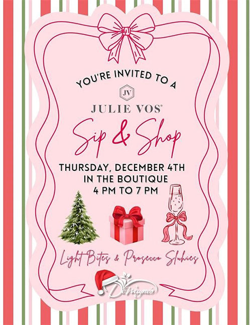 Julie Vos Sip n Shop Trunk Show Invitation flyer at DeWayne's Boutique, Selma NC, Dec 4, 4–7PM minutes from Raleigh, Cary, Clayton, Garner, Smithfield, Goldsboro