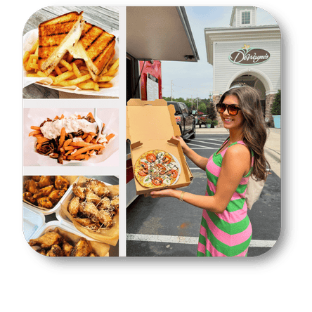 Collage of food items including a grilled cheese sandwich, fries, salad, pizza, and chicken wings, with a woman holding a pizza box in front of a drive-thru window on food truck Fridays at Dewayne's in Selma, NC minutes from Raleigh, Cary, Clayton, Garner, Smithfield, Goldsboro