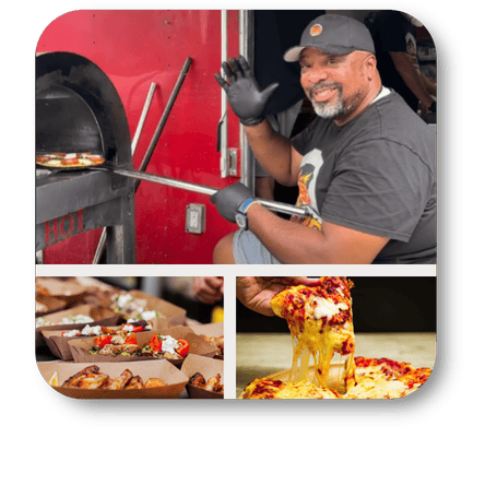 Man taking a pizza out of an oven with a collage of pizza boxes and a slice of pizza on food truck Fridays at Dewayne's in Selma, NC minutes from Raleigh, Cary, Clayton, Garner, Smithfield, Goldsboro