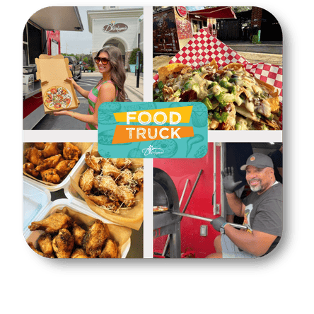 Collage of images featuring food from a food truck, including pizza, wings, and nachos at Dewayne's in Selma, NC