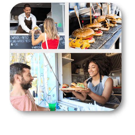 Collage of images showing a food truck with customers and food items on food truck Fridays at Dewayne's in Selma, NC minutes from Raleigh, Cary, Clayton, Garner, Smithfield, Goldsboro