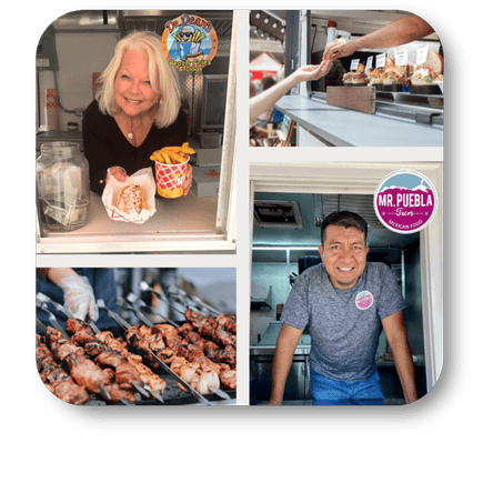 Collage of images from a food truck, including a woman eating, food being served, grilled meats, and a man smiling on food truck Fridays at Dewayne's in Selma, NC minutes from Raleigh, Cary, Clayton, Garner, Smithfield, Goldsboro