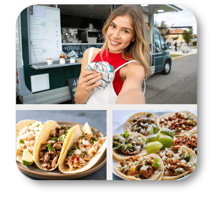 Woman holding a burrito in front of a food truck with close-up shots of tacos on food truck Fridays at Dewayne's in Selma, NC minutes from Raleigh, Cary, Clayton, Garner, Smithfield, Goldsboro