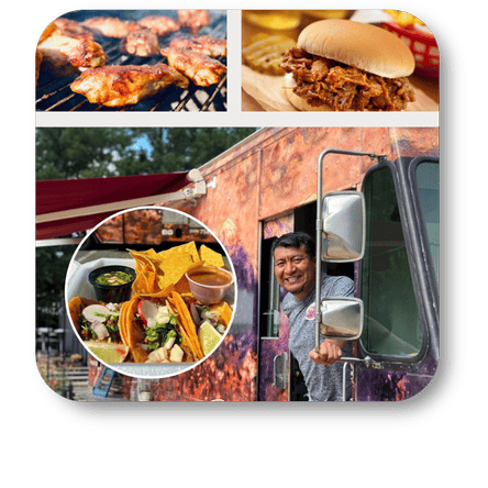 Collage of a food truck with a smiling driver, food being cooked, and a close-up of food items on food truck Fridays at Dewayne's in Selma, NC minutes from Raleigh, Cary, Clayton, Garner, Smithfield, Goldsboro